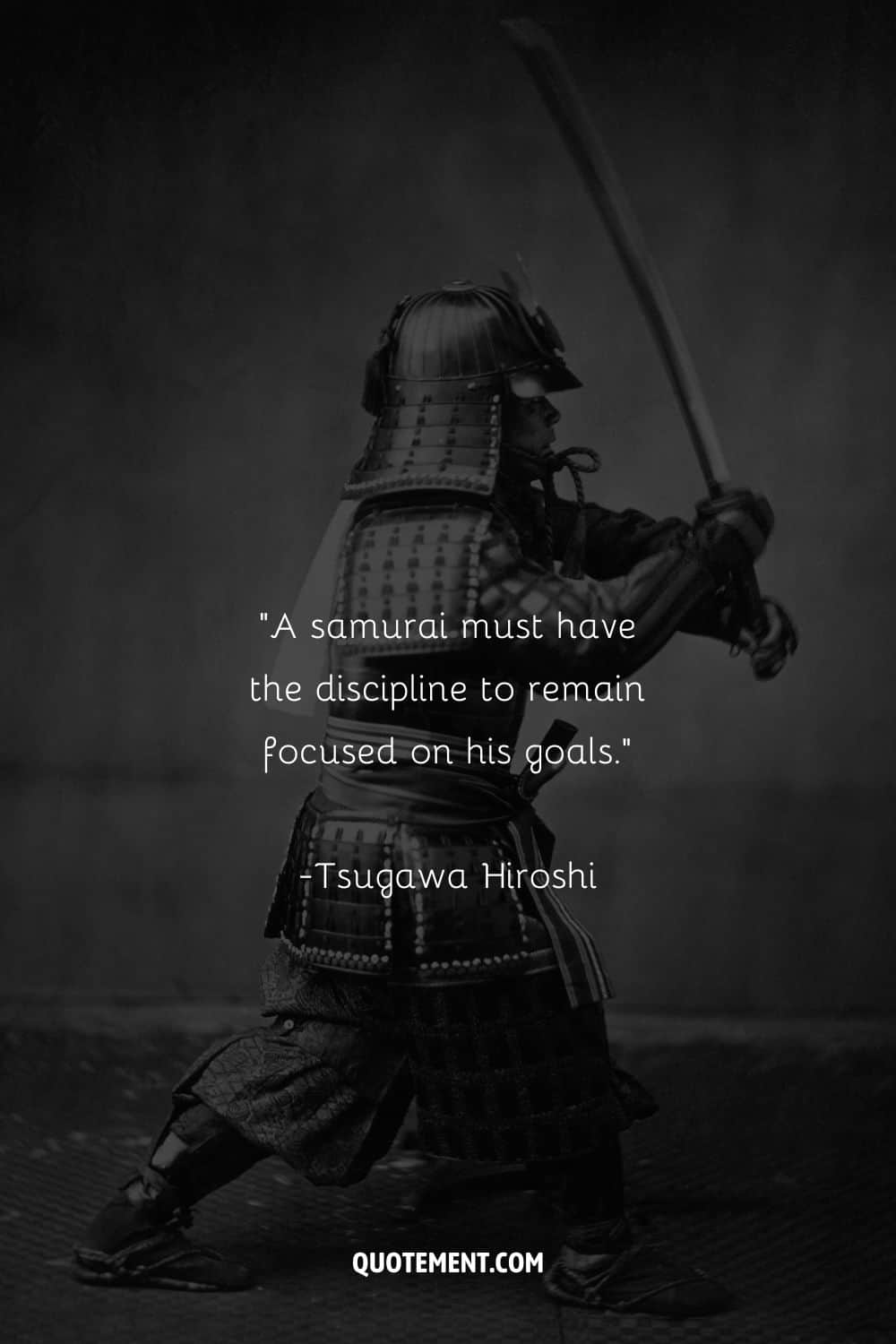 a black-armored samurai's katana representing discipline quote