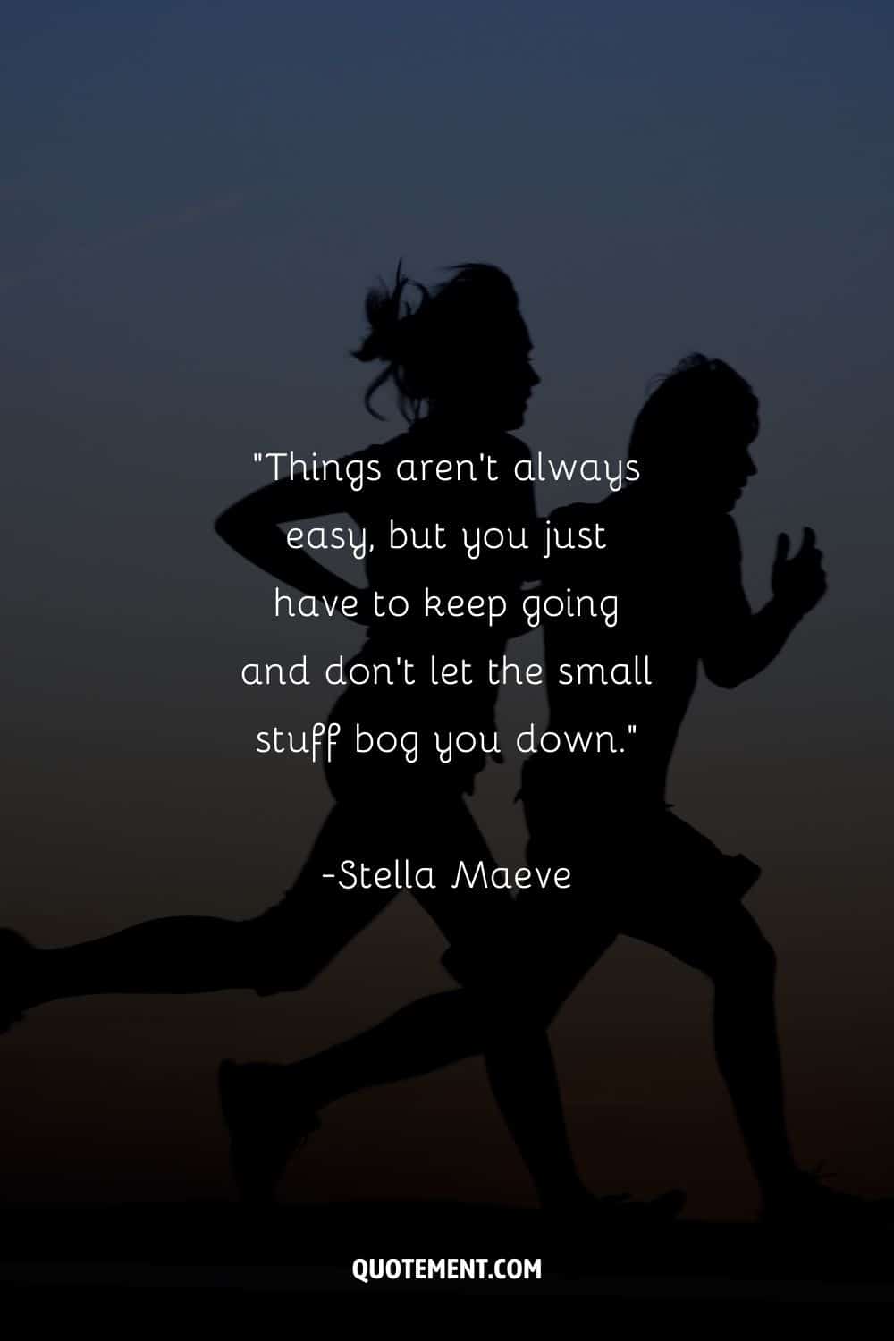 a couple's silhouettes running under a sunset sky representing an encouraging keep going quote