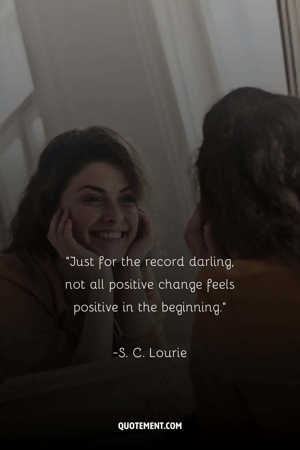 a happy young girl admiring her own smile in the mirror
