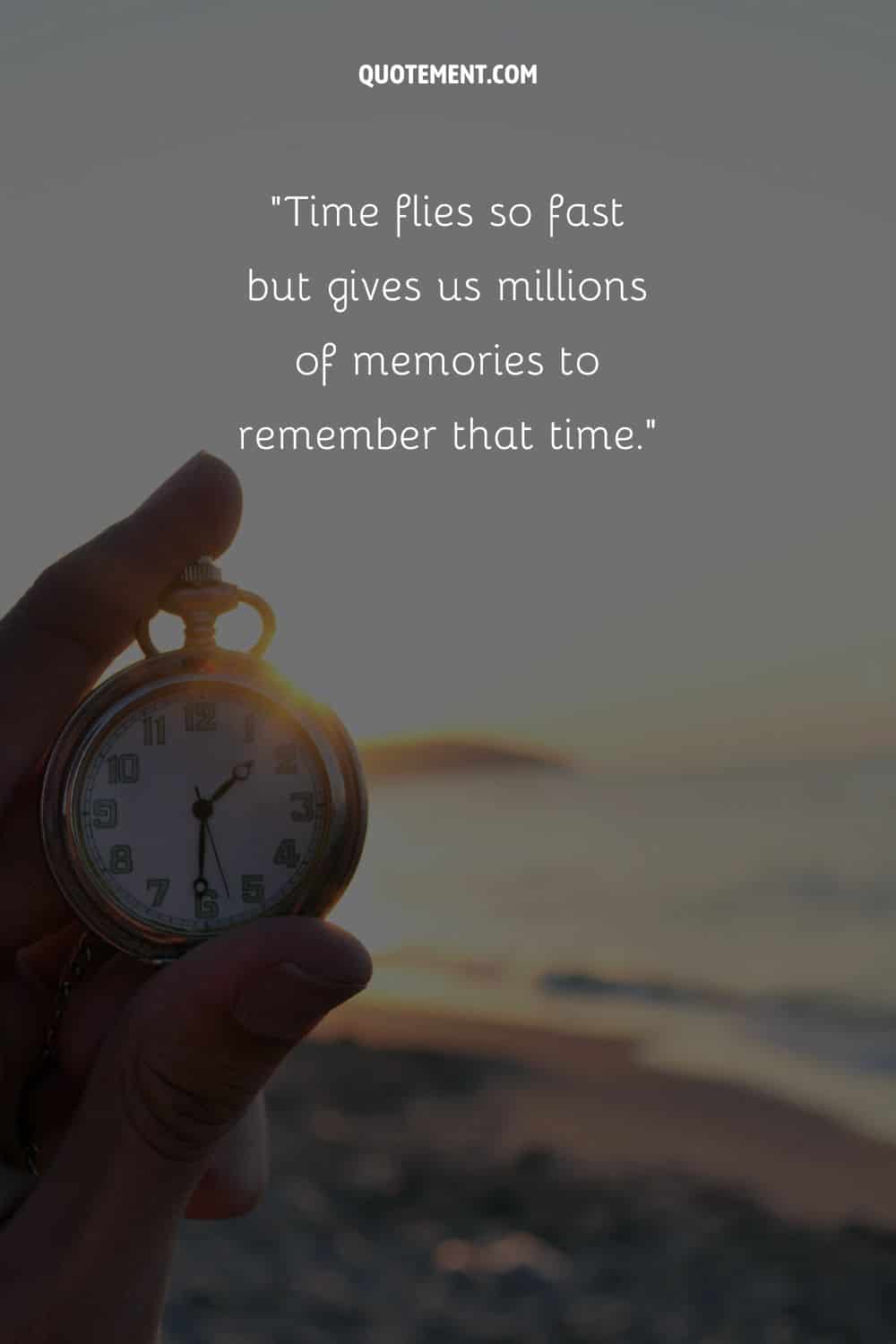 a pocket watch in the hand of a man representing inspirational time flies so fast quote
