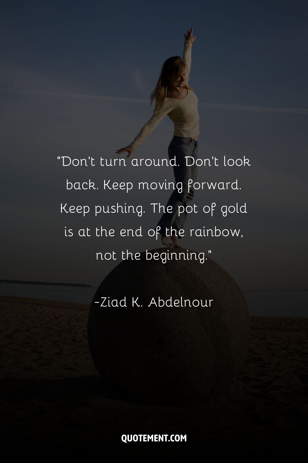 a woman on a big round stone with her arms spread representing keep moving forward quote