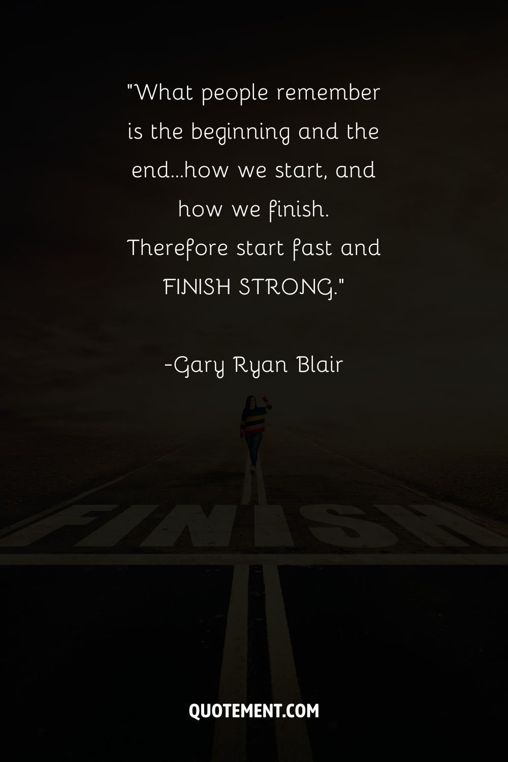 a woman standing on the finish line representing the greatest quote about finishing strong
