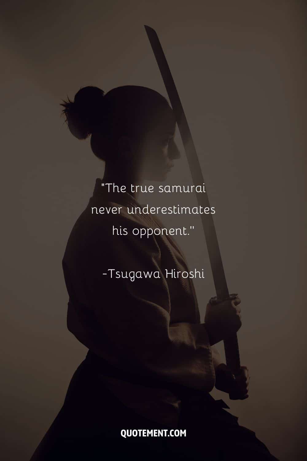 female samurai with katana leaning on her head representing warrior death quote