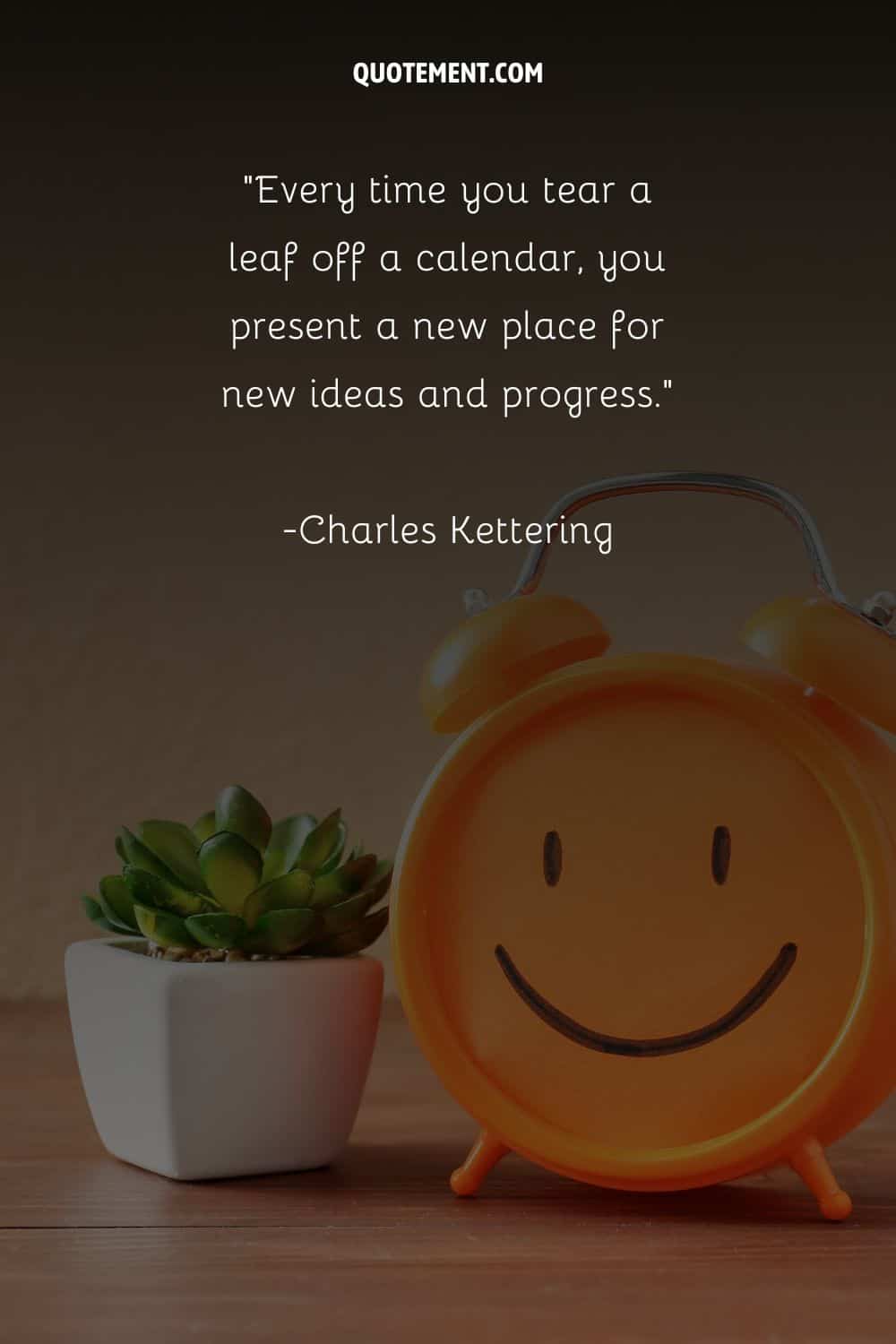 Charming succulent paired with an orange clock representing top new month quote