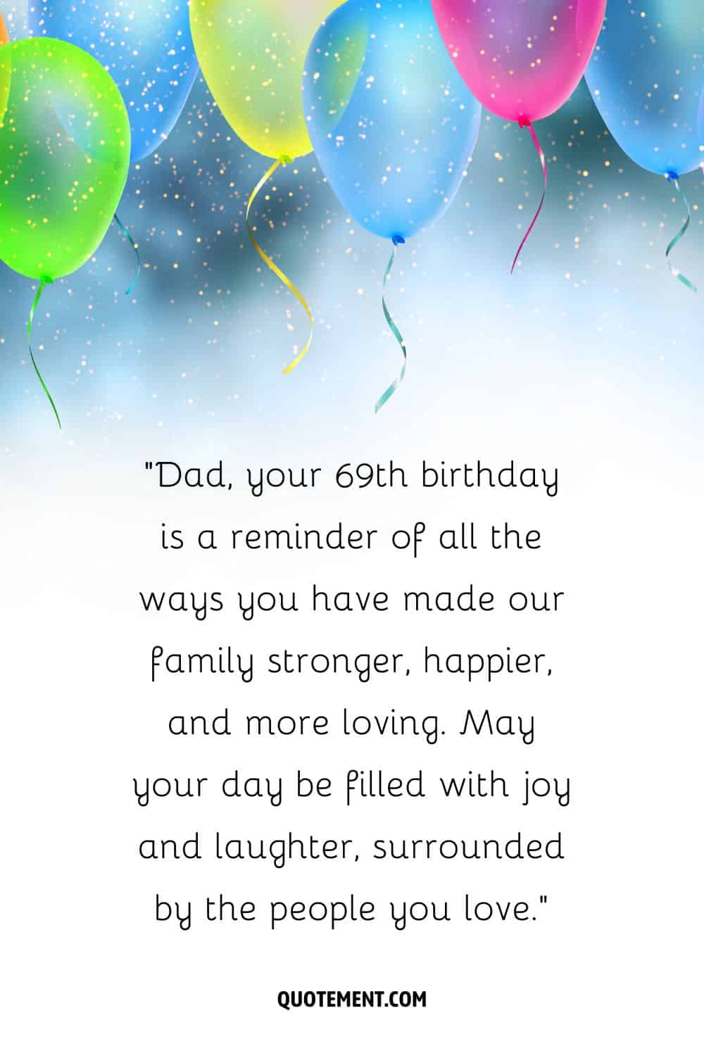 Dad, your 69th birthday is a reminder of all the ways you have made our family stronger, happier, and more loving. May your day be filled with joy and laughter, surrounded by the people you love