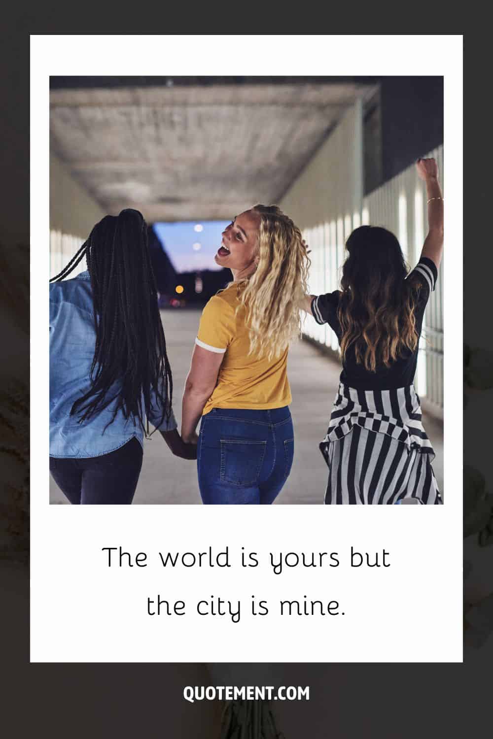 Happy trio of girls hold hands representing a cool caption for dope pics.
