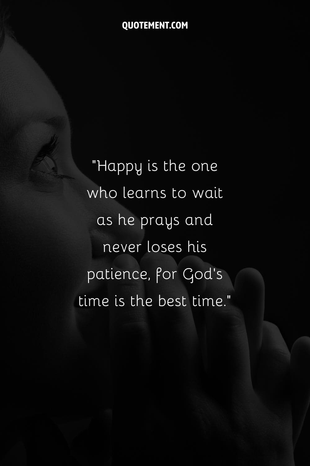 Image of a person peacefully praying representing God's timing is perfect quote.