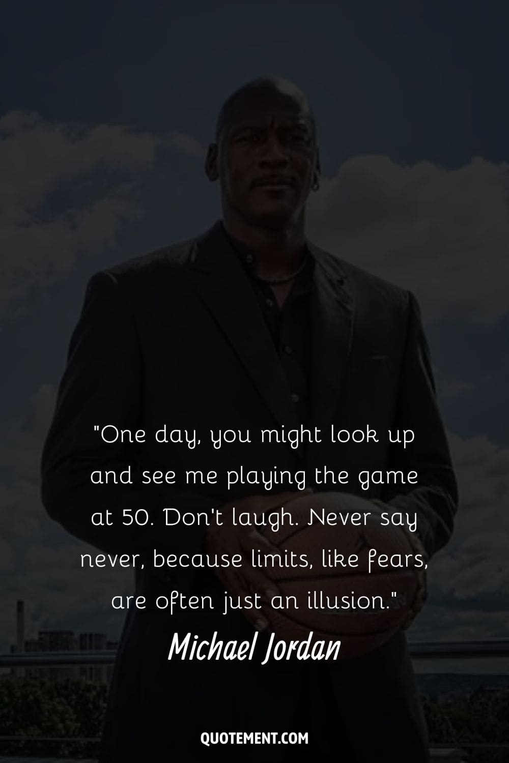 Michael Jordan with an urban backdrop and blue sky representing the best Michael Jordan quote