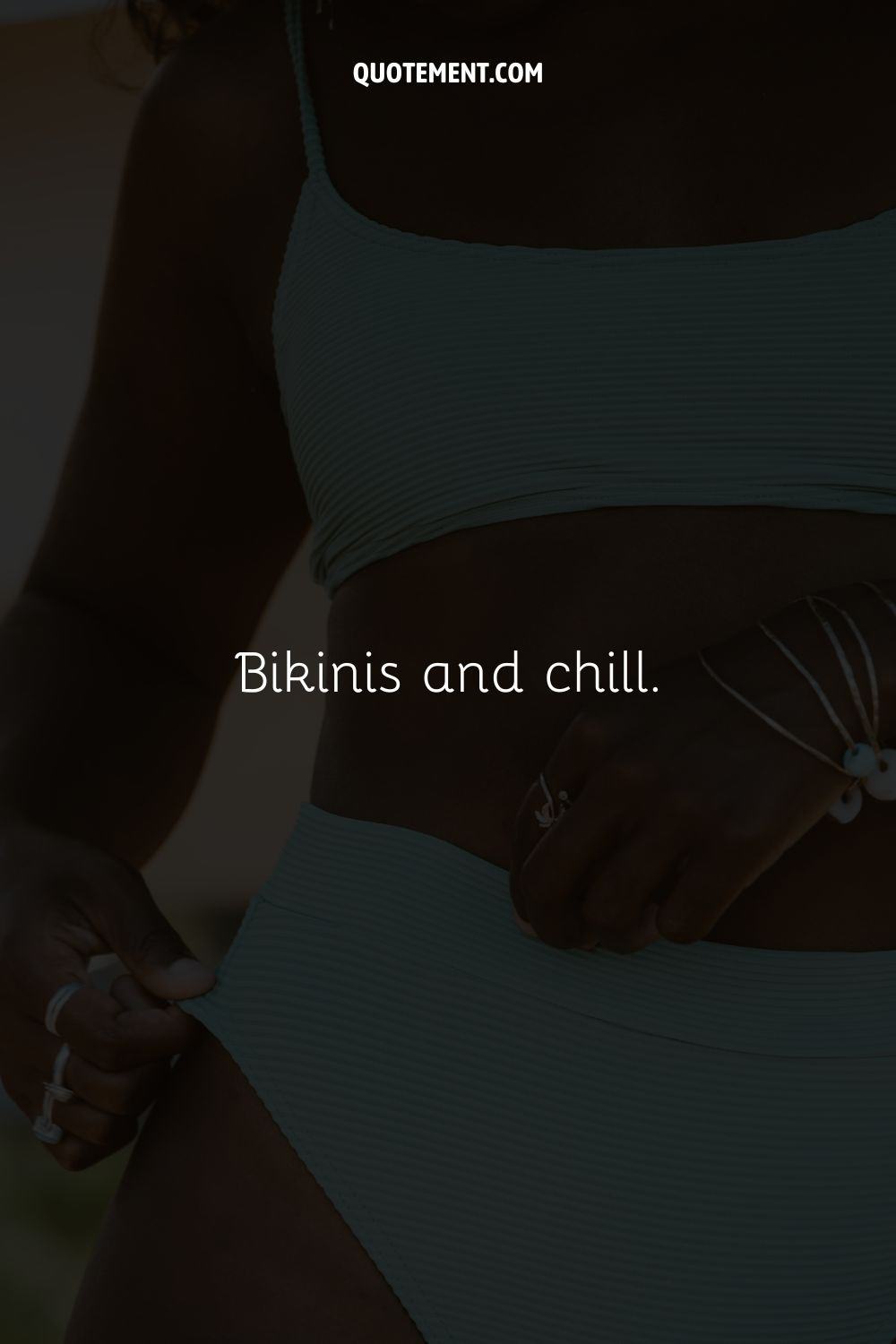 Photo of a tanned body in a white bikini representing a short bikini caption.
