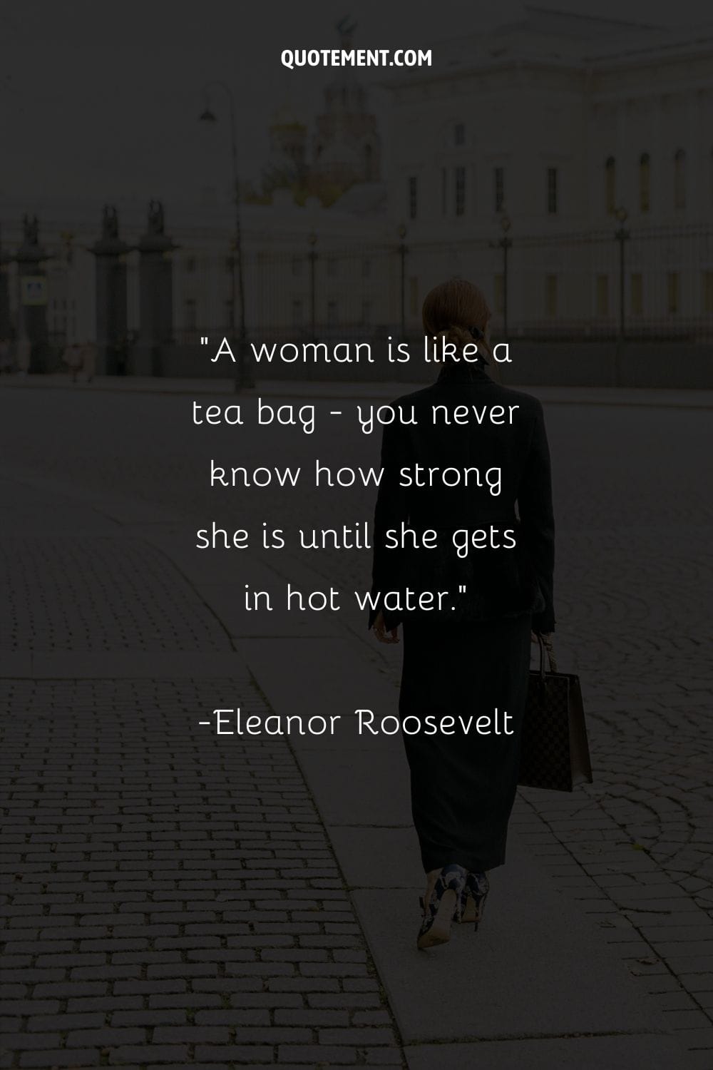 Portrayal of a refined beauty in formal wear representing strong woman quote.