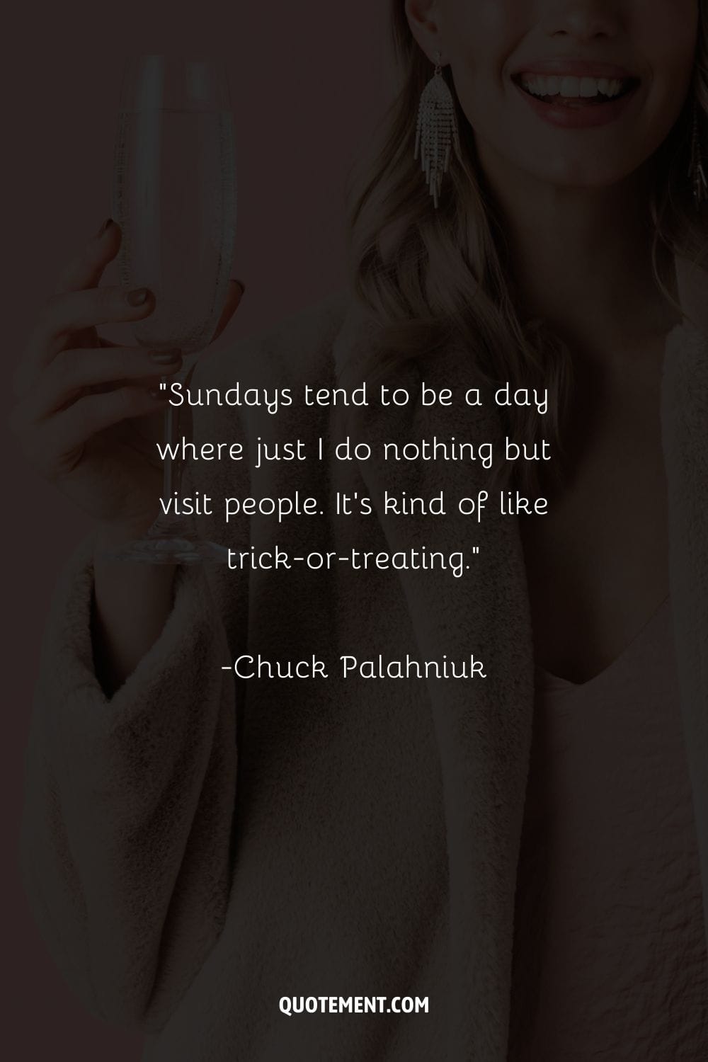 a smiling woman holding a champagne glass representing top funny Sunday quote