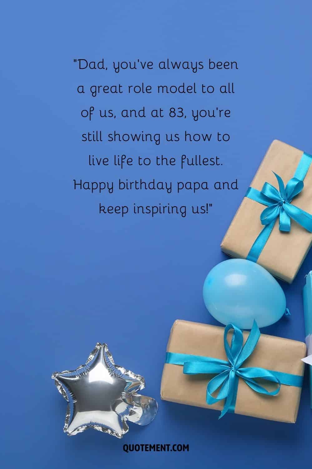 birthday gifts and balloons on a blue background
