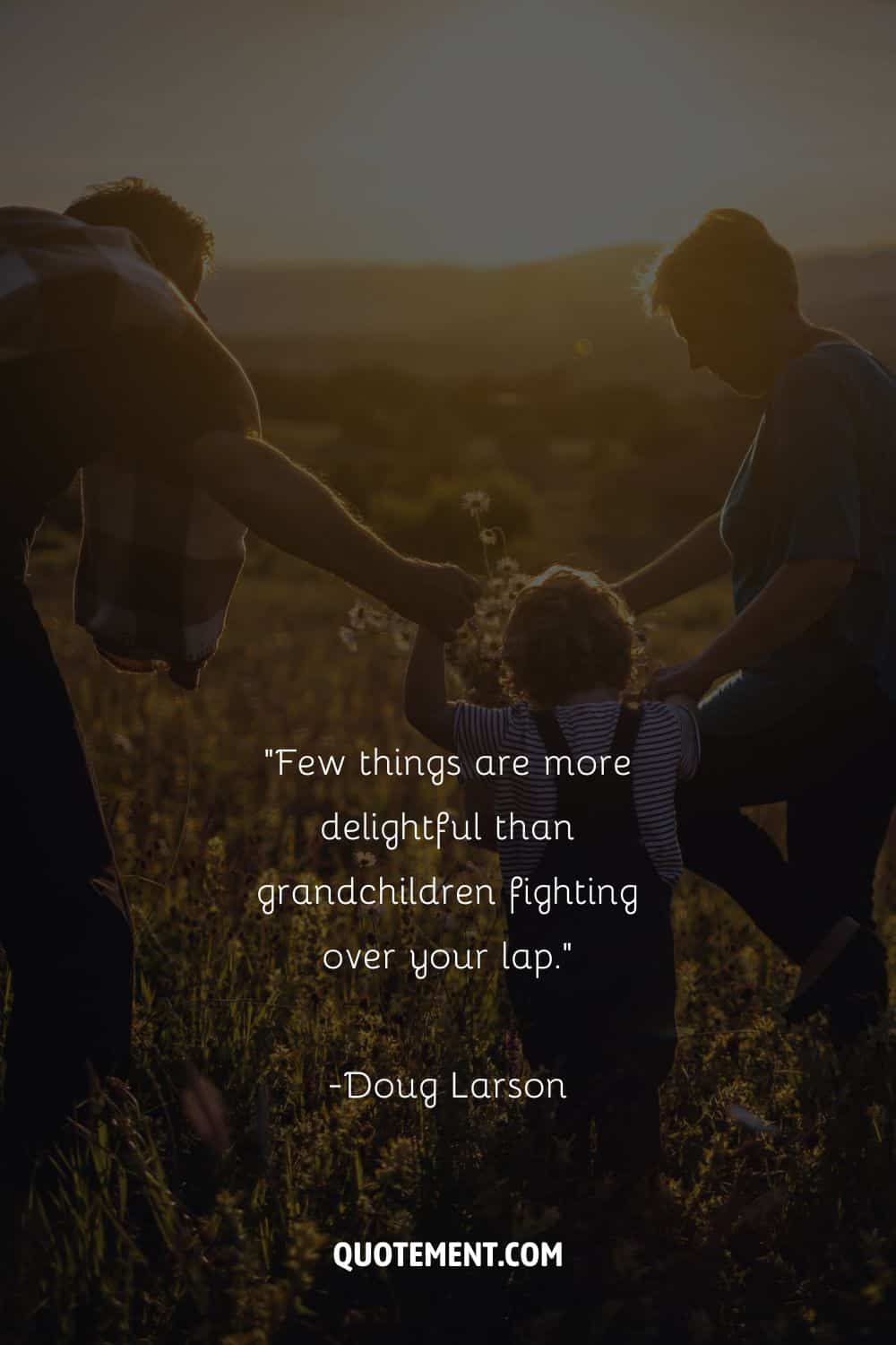 grandparents and grandchild walking in a sunny field