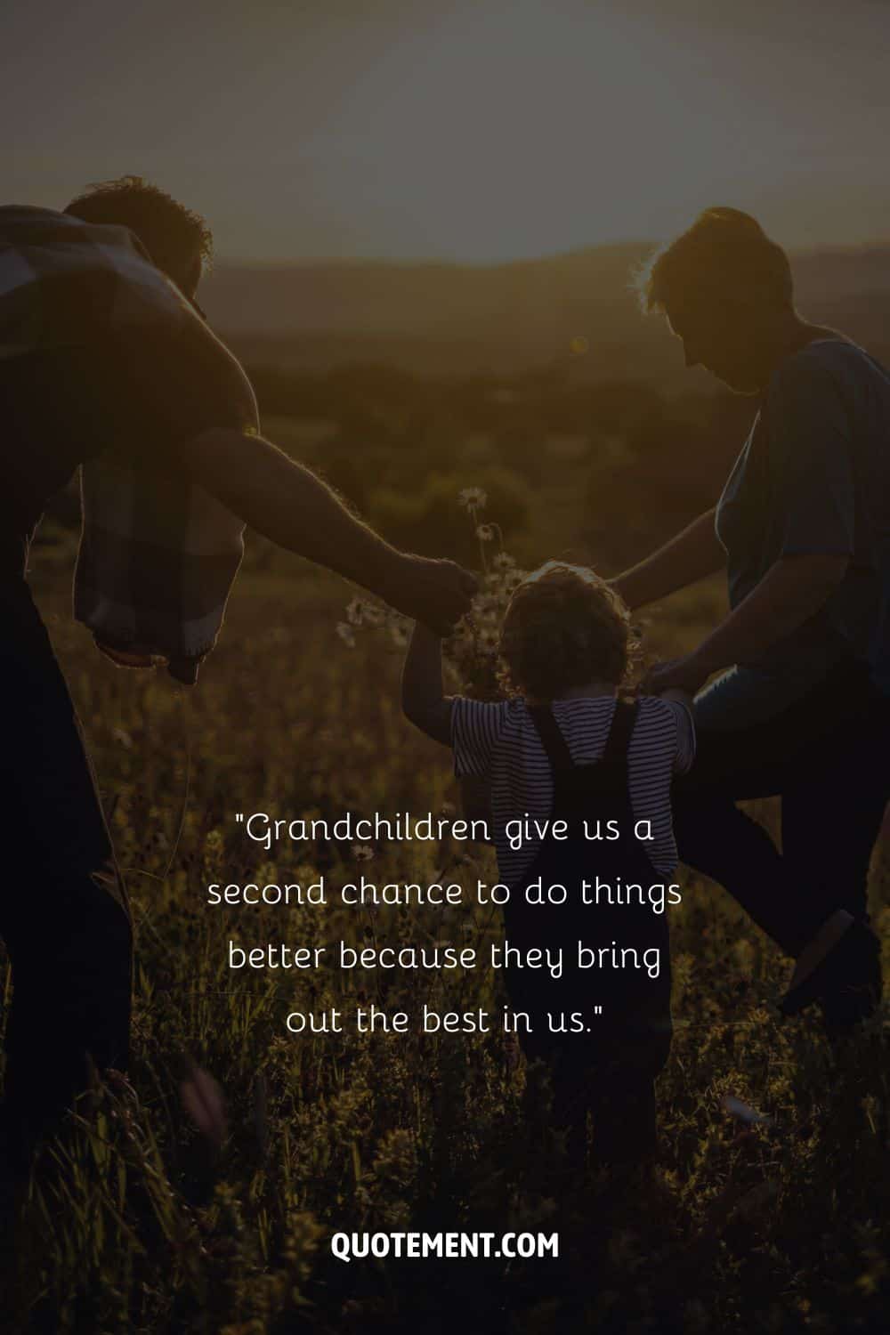 grandparents and their grandkid in a field representing an inspiring grandkids quote