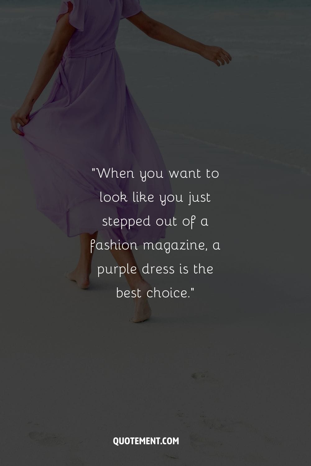 woman strolling barefoot in a flowing purple dress