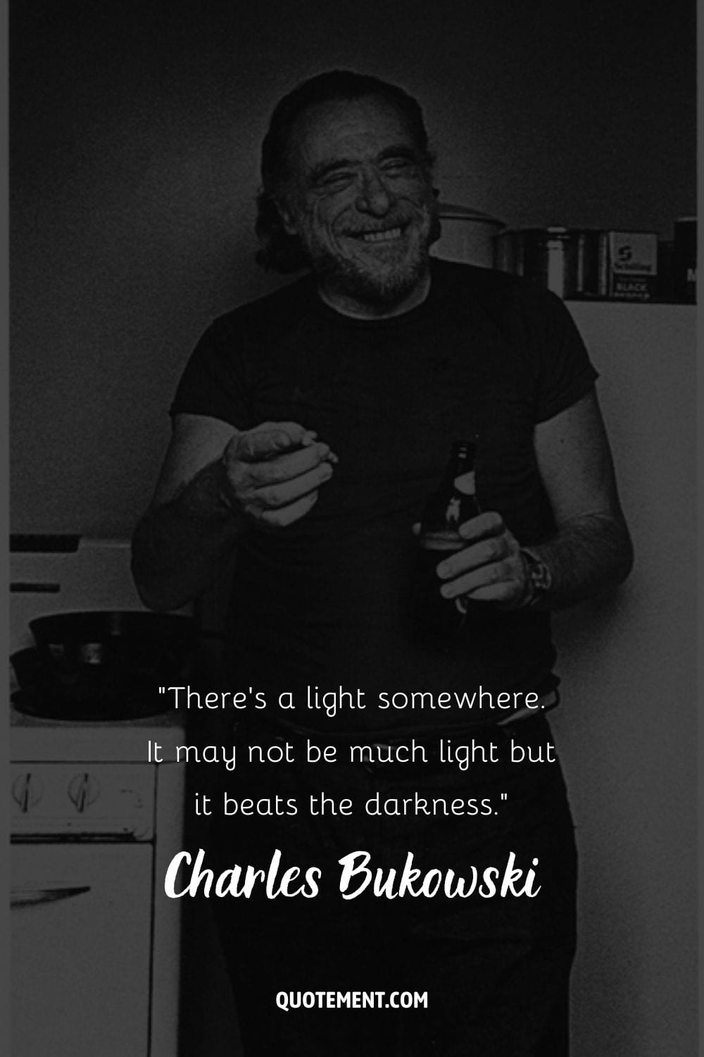 Bukowski enjoying a smoke and beer in the kitchen