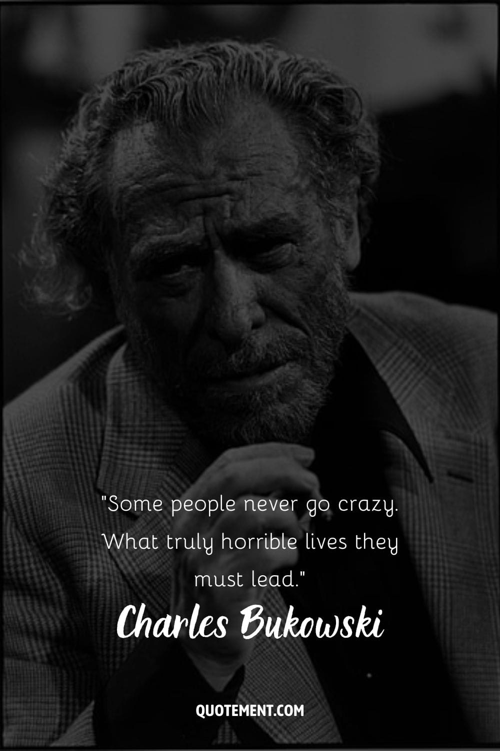 Charles Bukowski in a suit, holding a cigarette