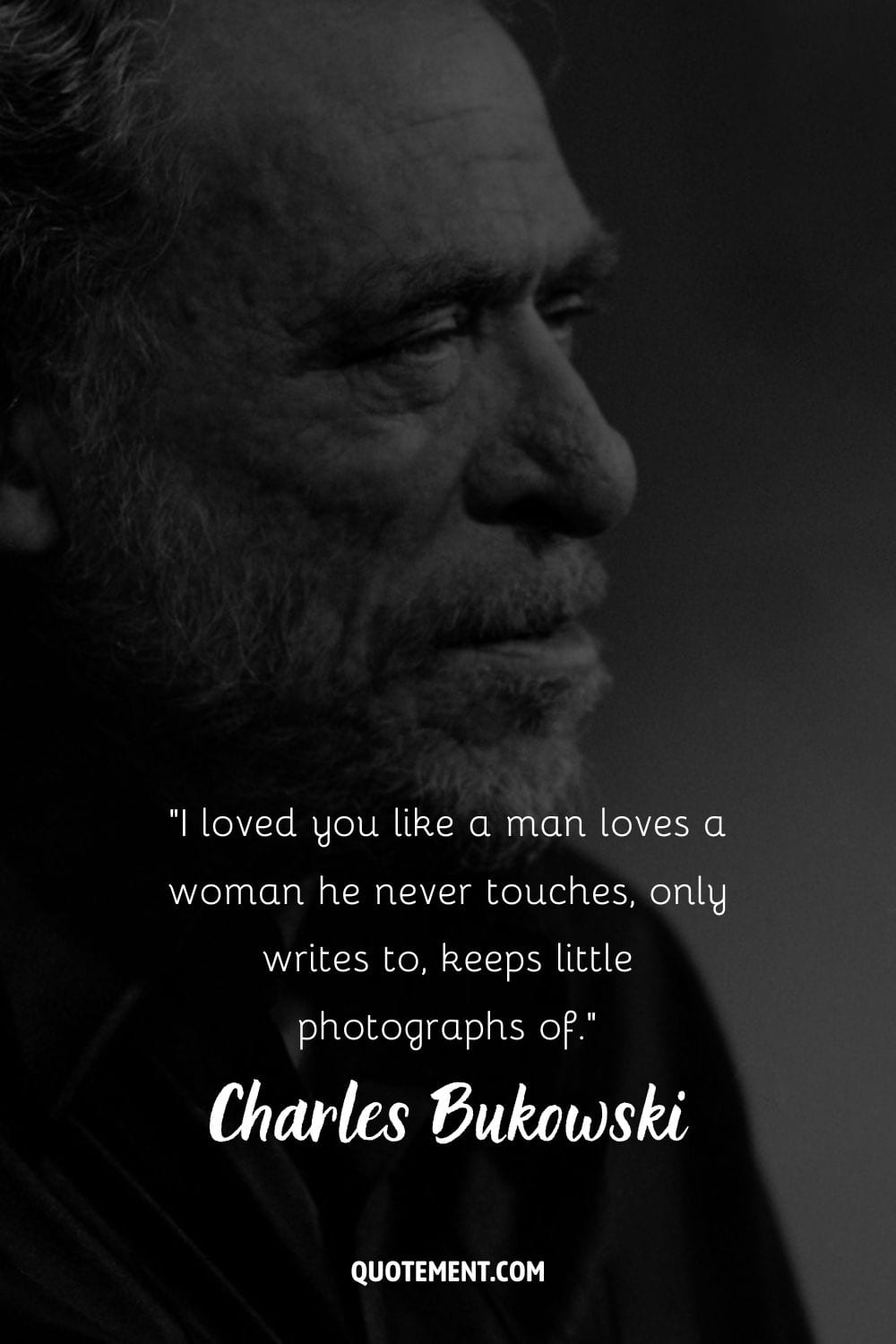 Charles Bukowski in profile, wearing a serious look