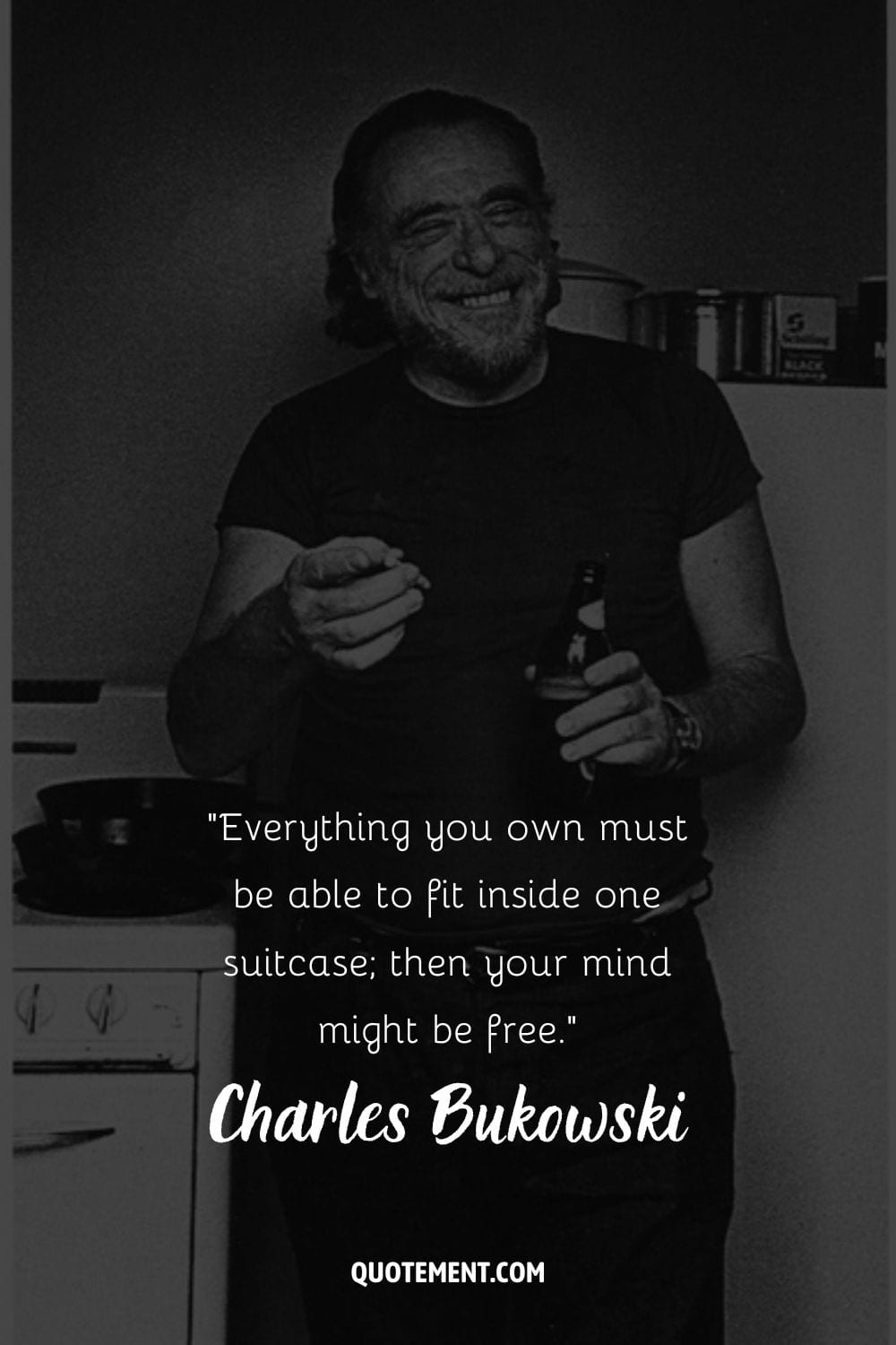 Charles Bukowski's kitchen moment cigarette and beer in hand