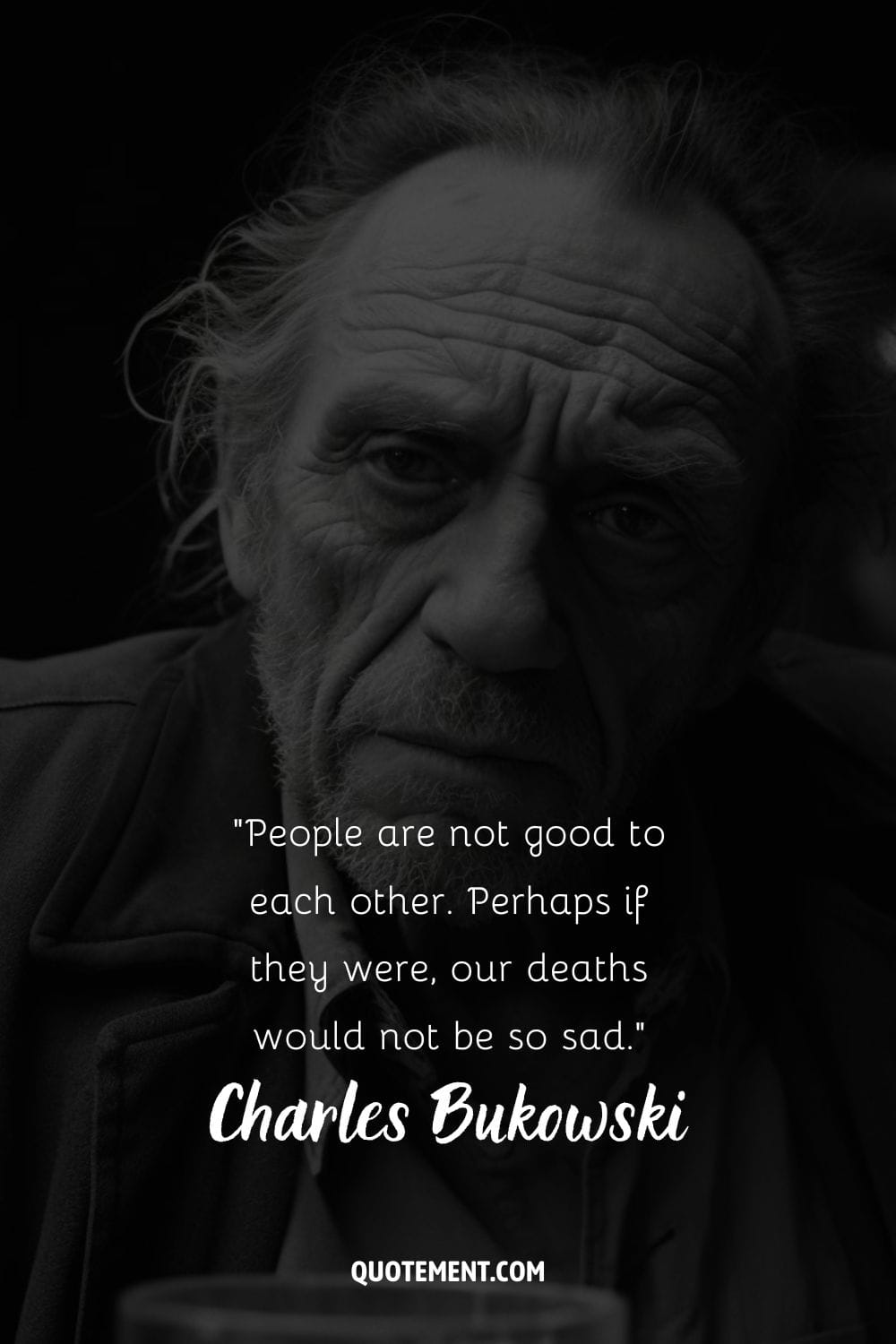Charles Bukowski's solemn and contemplative face