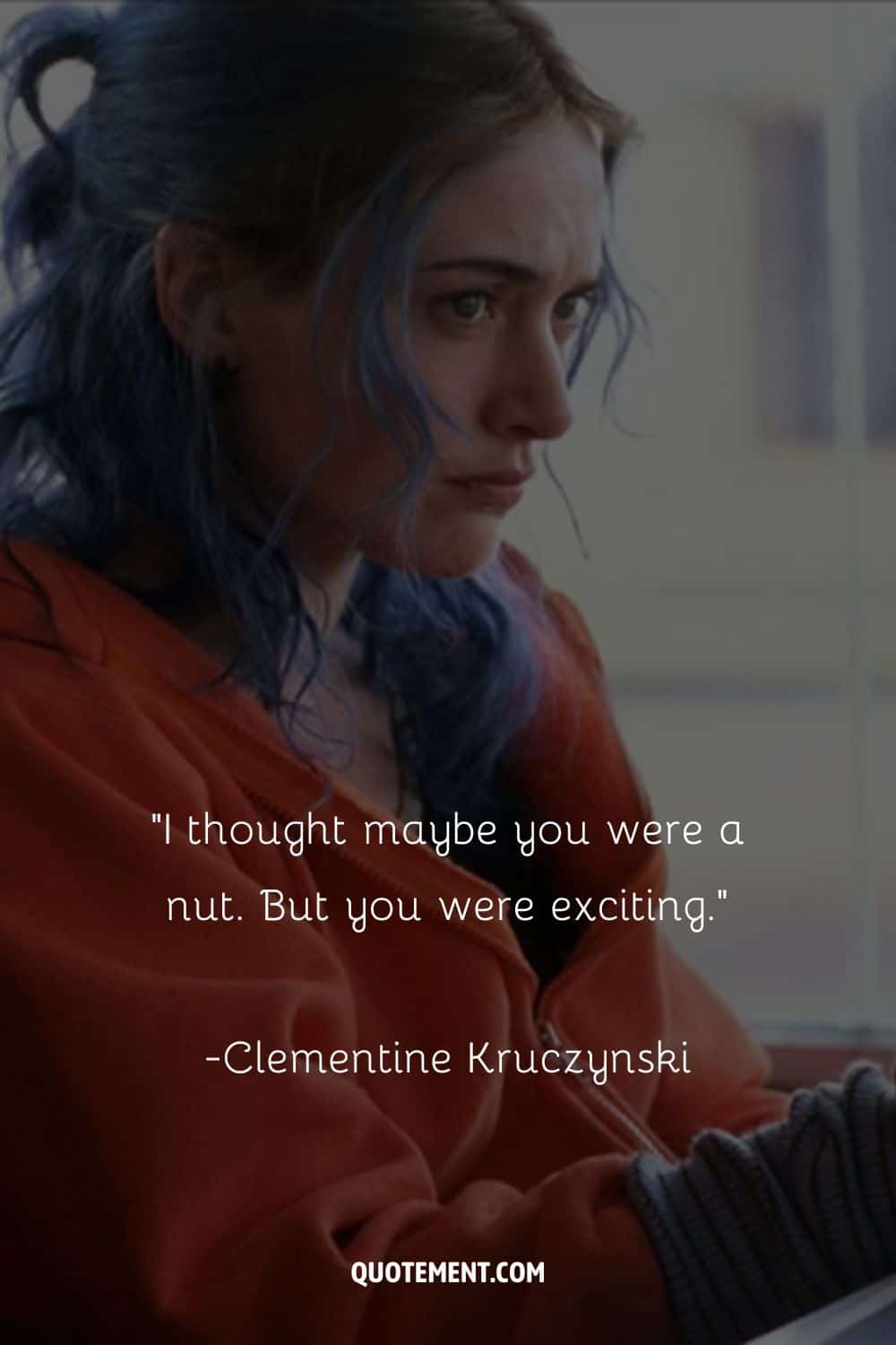 Clementine's striking blue hair and expressive eyes.