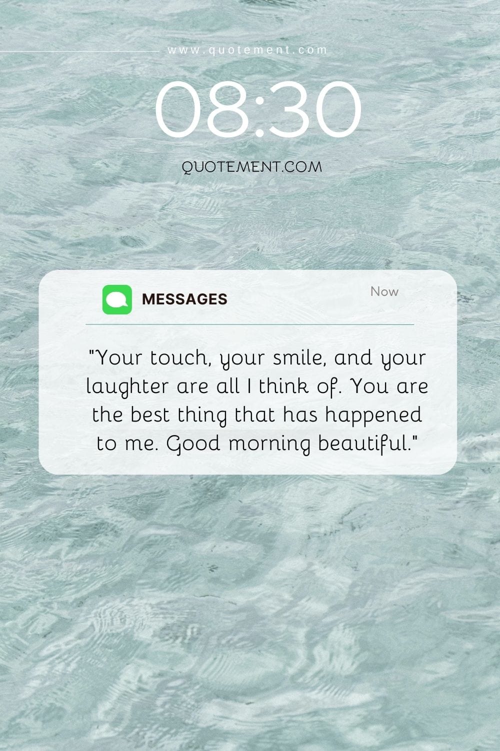 phone screen mockup featuring a clear water and a message in a white square