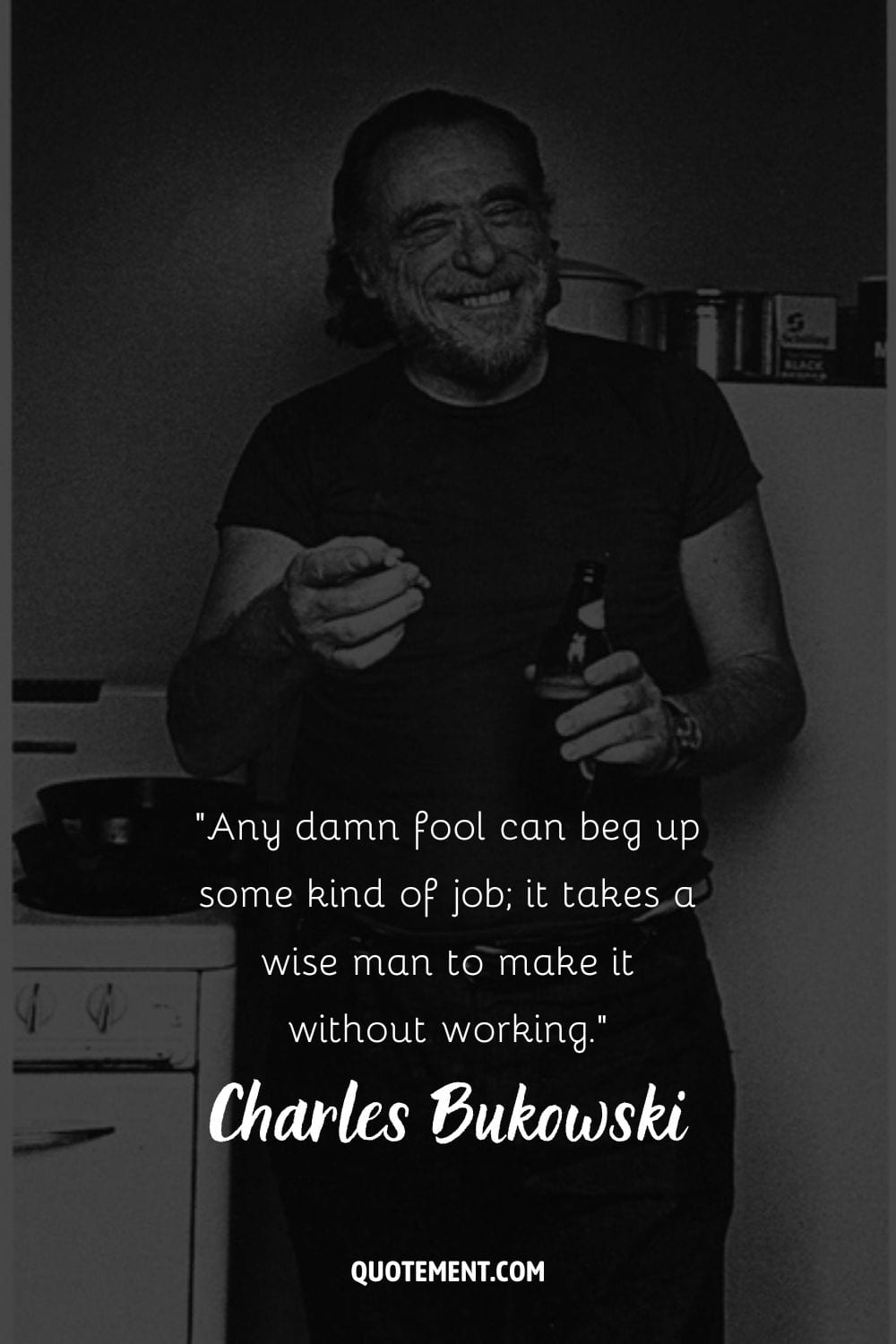 shot of Charles Bukowski in the kitchen with his vices