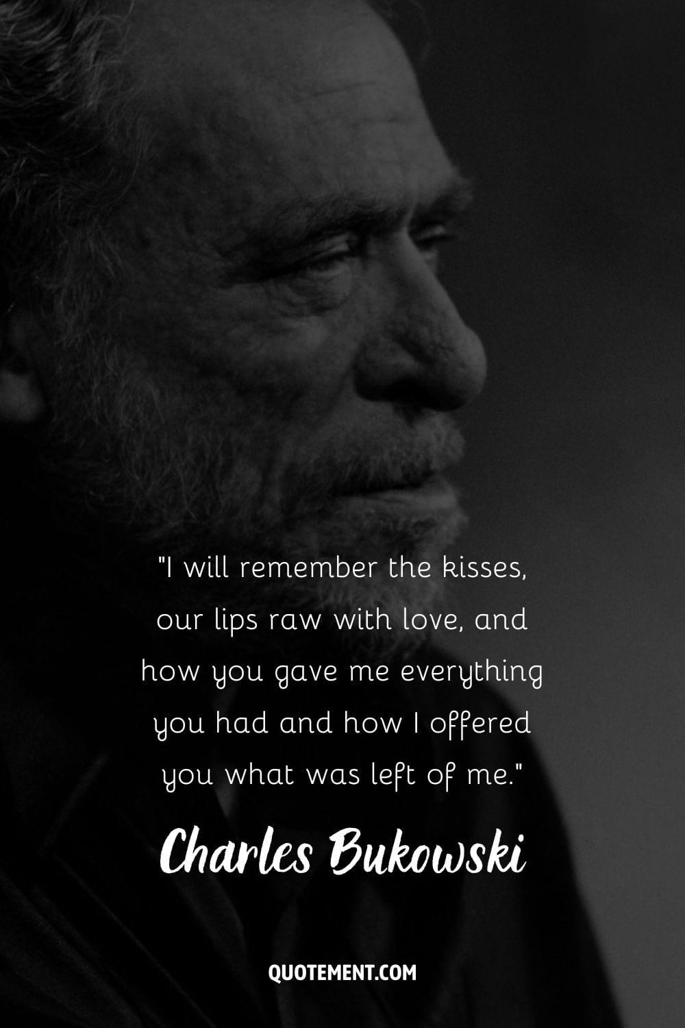 side view of author Charles Bukowski with a serious demeanor