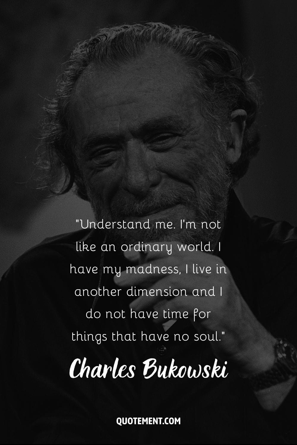 smiling Bukowski with a cigarette representing the greatest Charles Bukowski quote