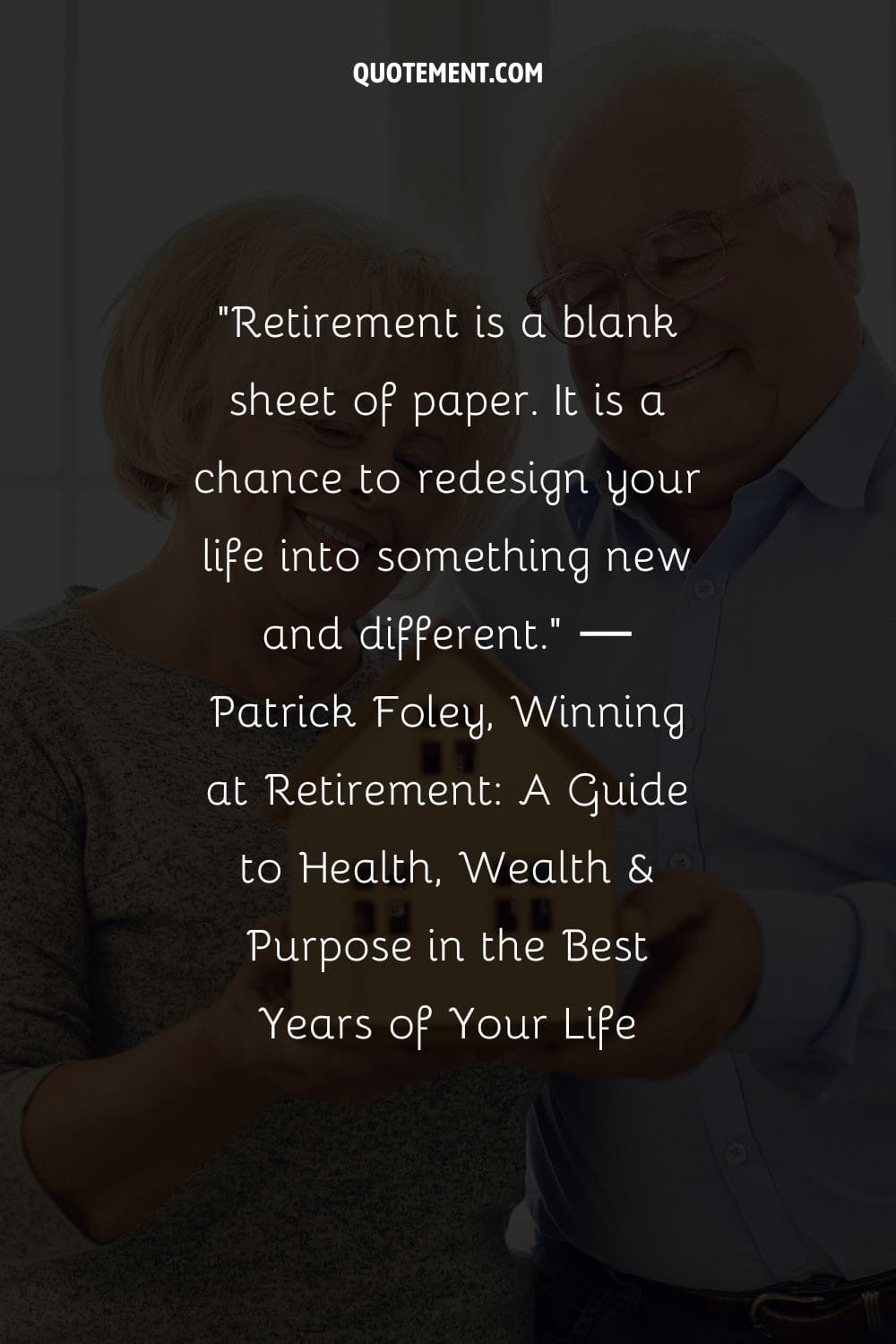 two elderly people holding a tiny home in their hands representing retirement humor quote