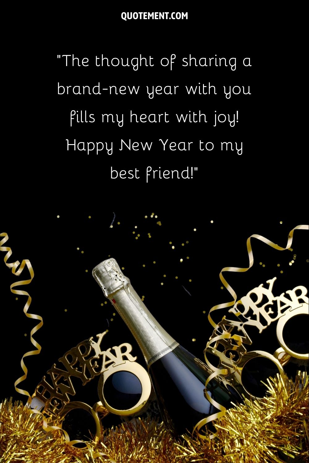 A New Year themed image featuring a champagne bottle, gold confetti, and glasses
