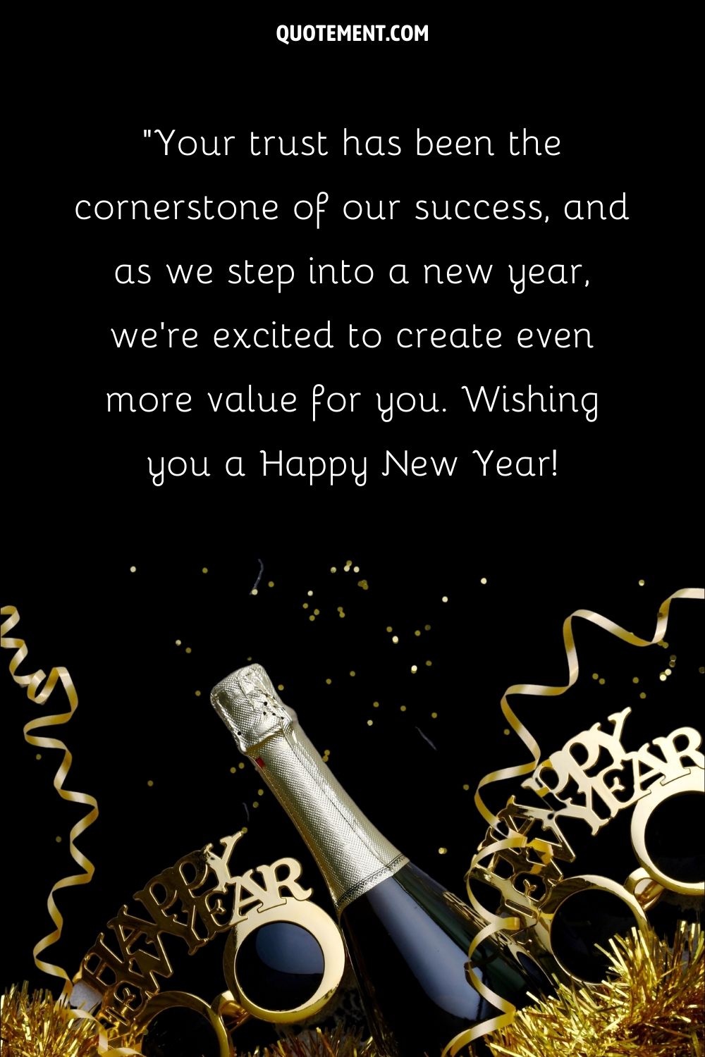 A bottle of champagne set against a black background with golden New Year's decorations

