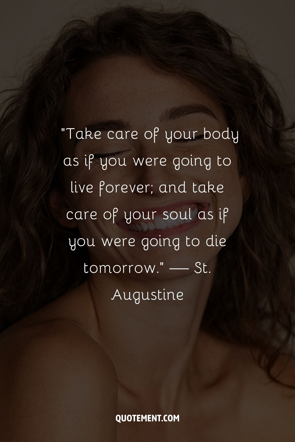 A close-up of a smiling woman with her eyes closed representing the best self-care quote
