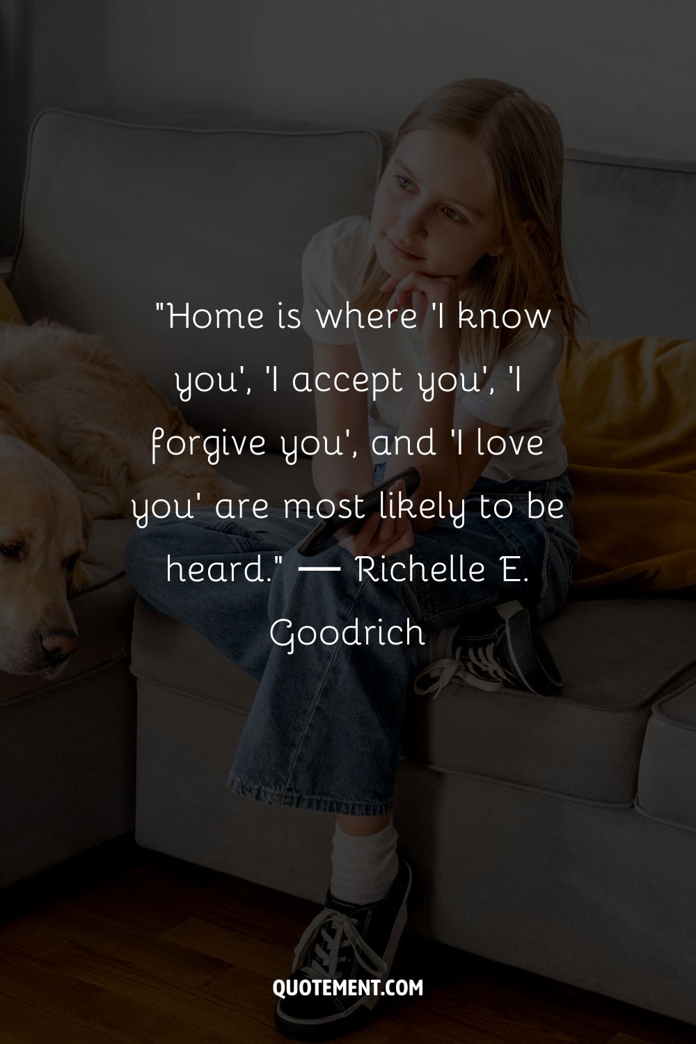 A girl with a thoughtful expression seated next to a resting golden retriever
