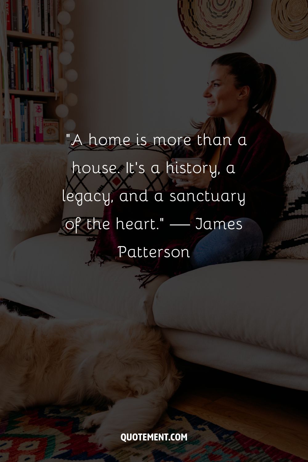 A woman sitting thoughtfully on a couch representing the best quote about home
