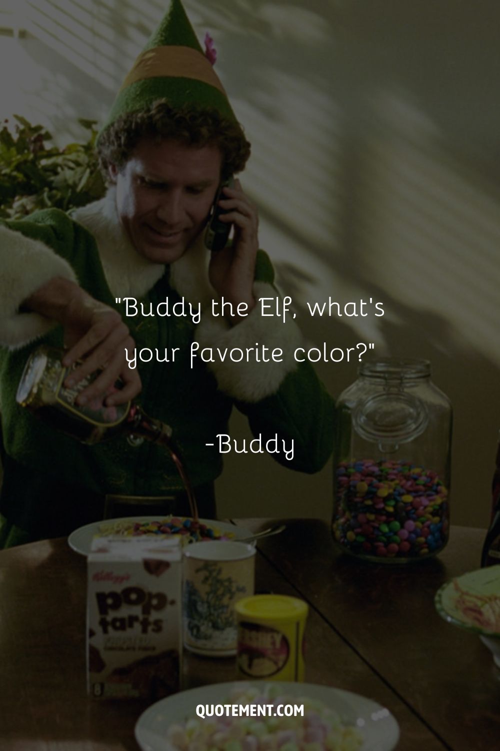 Buddy the Elf talks on the phone.