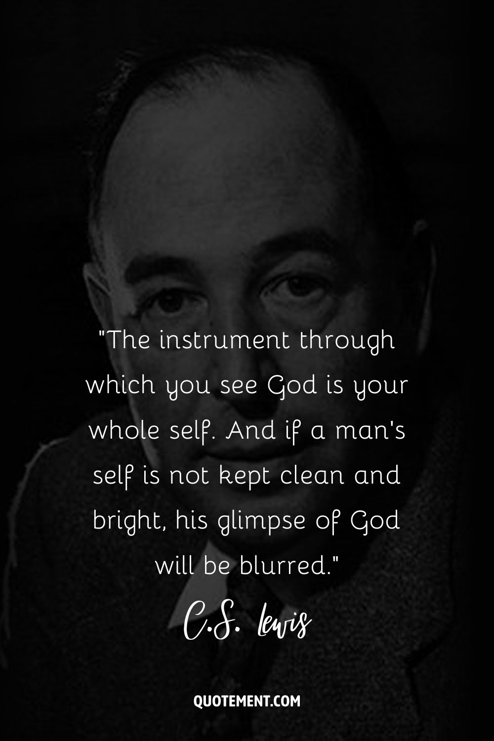 C.S. Lewis, clad in a coat and tie, showcases formal grace in a grayscale portrait