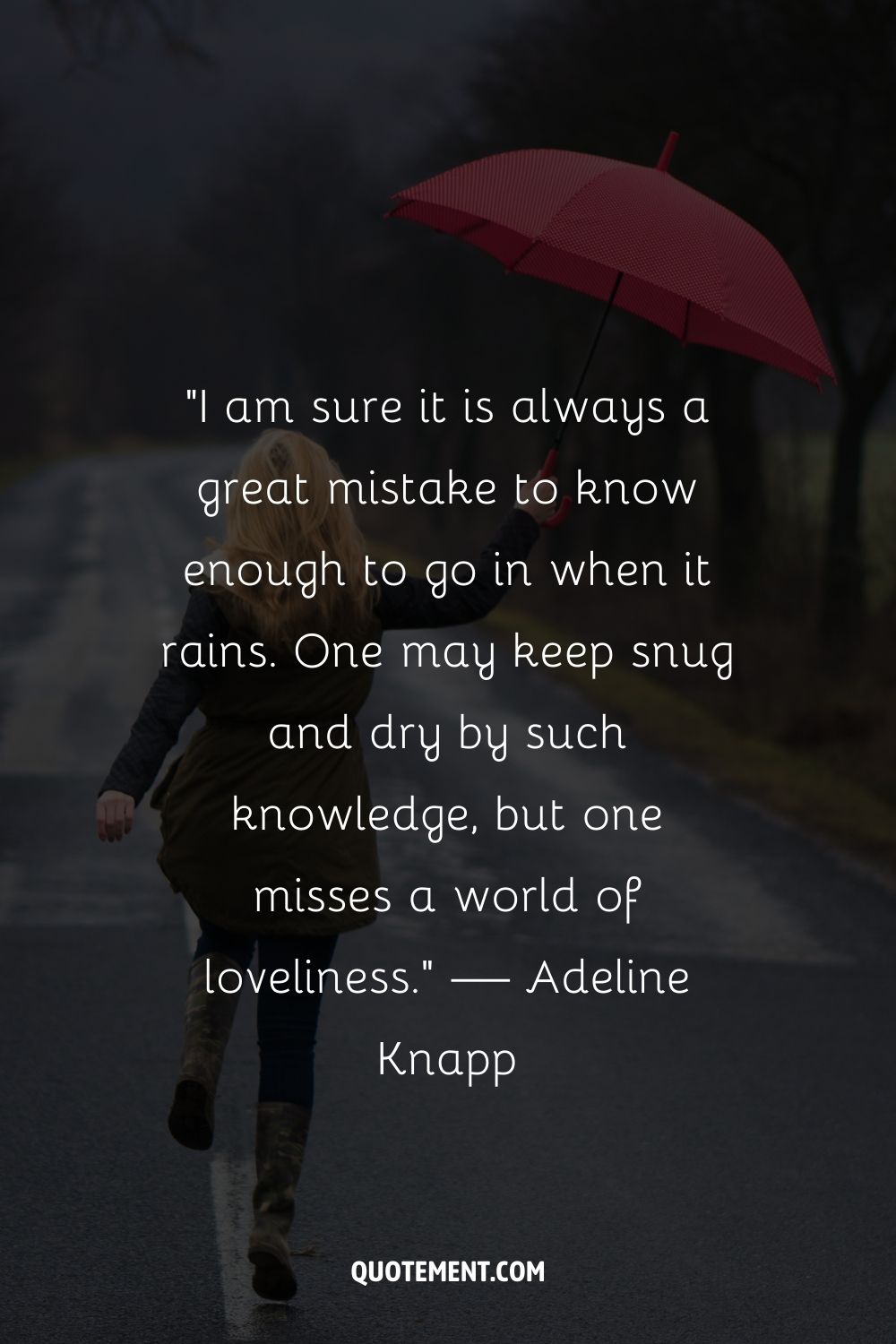 A rear view of a woman walking away, carrying a red umbrella on a mist-covered road
