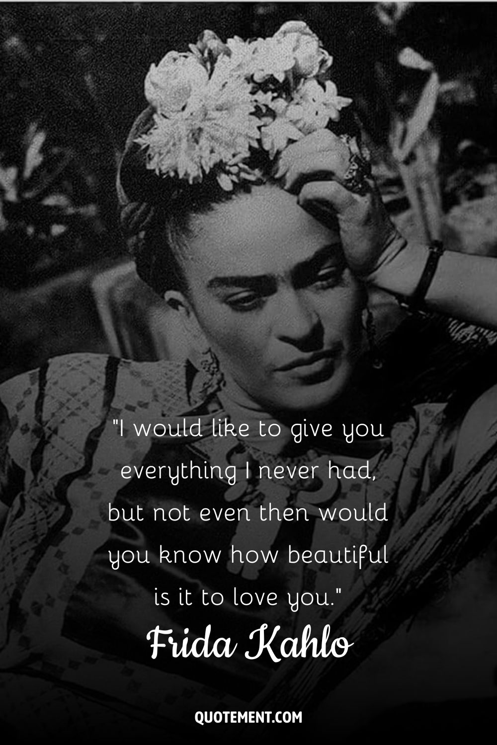 A seated Frida holding her hand on her forehead representing the best Frida Kahlo quote
