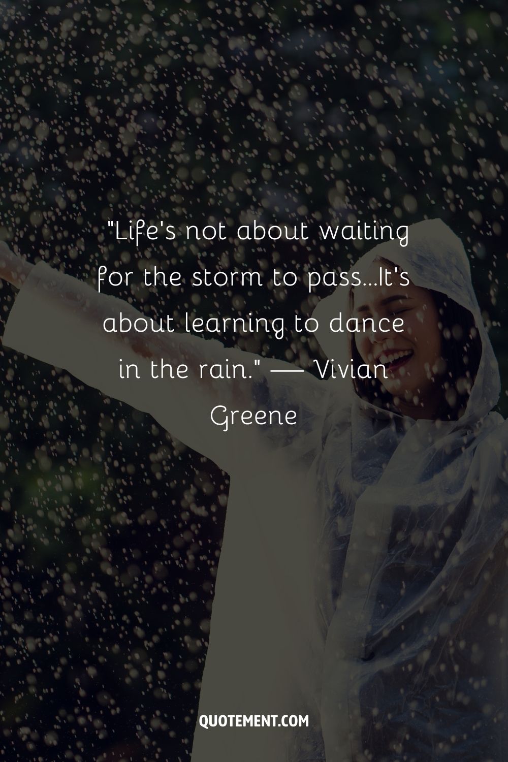 A woman joyfully extending her arms in the rain representing an amazing rainy day quote

