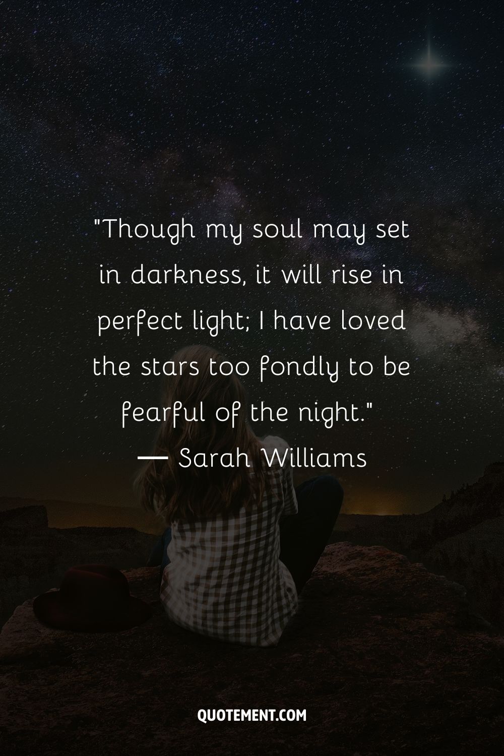 A woman sitting on a rocky ground, gazing at the starry night sky representing the best star quote

