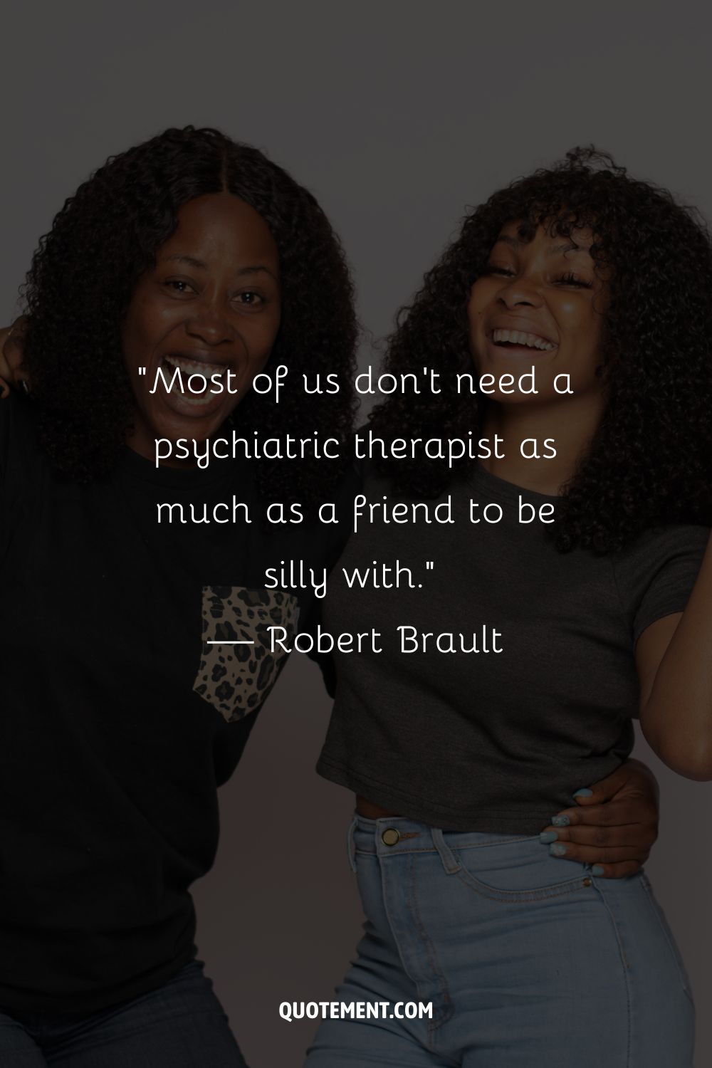 Two joyful women smiling and embracing each other representing funny quote about friends
