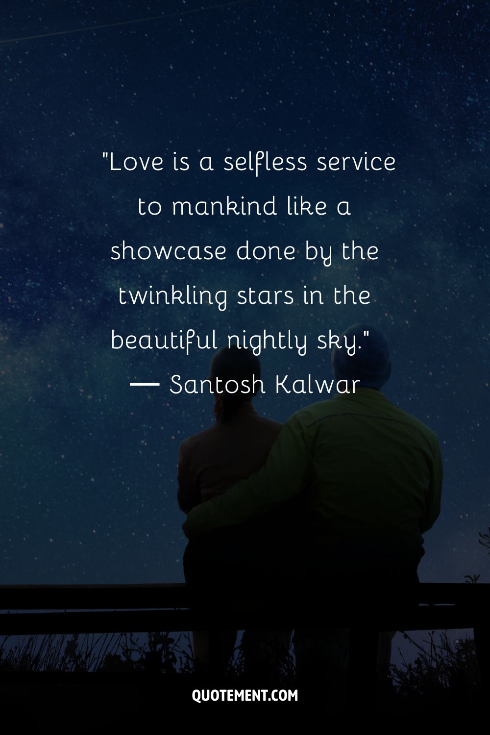 Two people sitting closely together against a starry night backdrop representing the night sky quote

