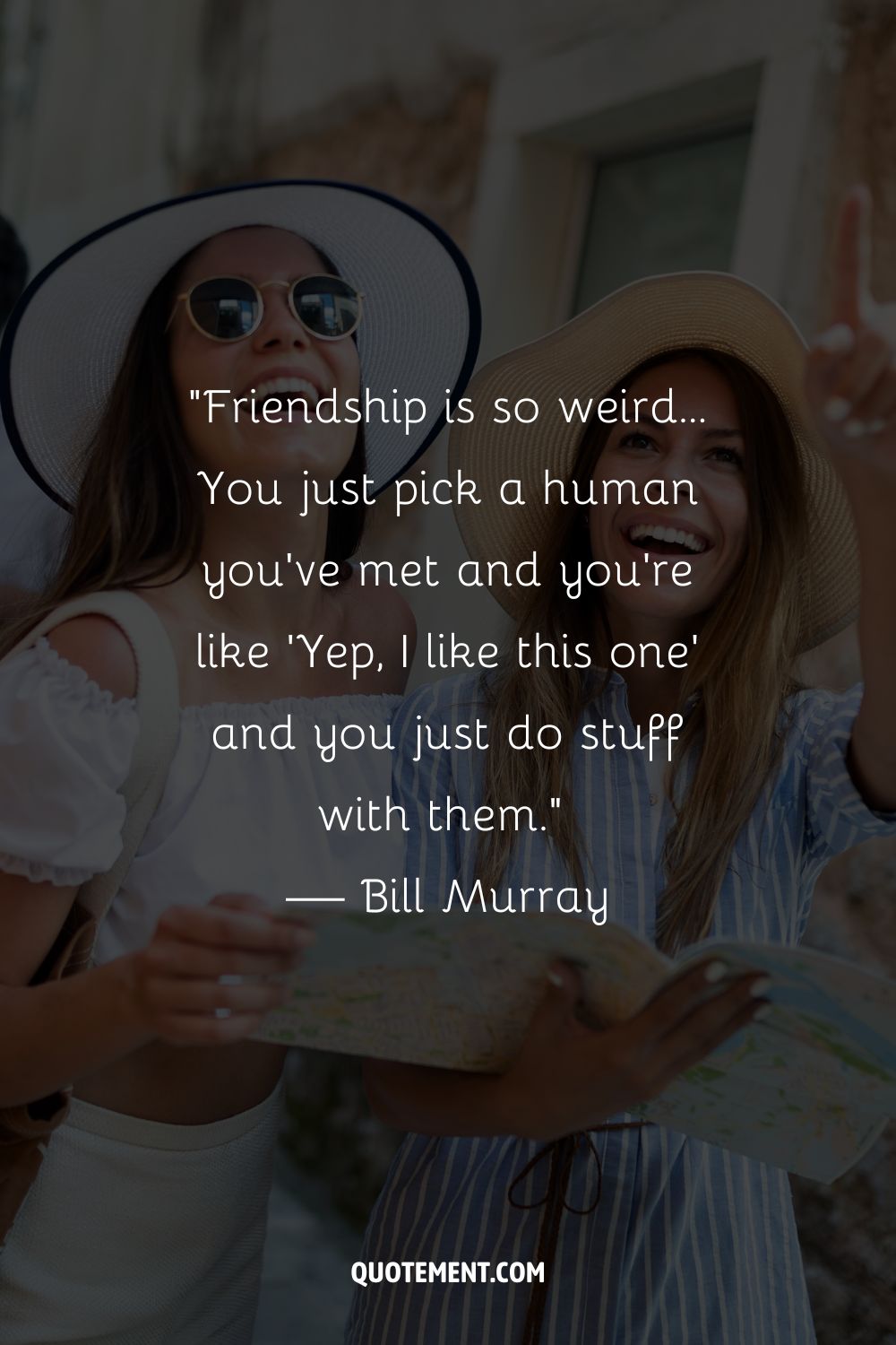 Two smiling women wearing sunglasses and hats representing the top funny quote about friendship