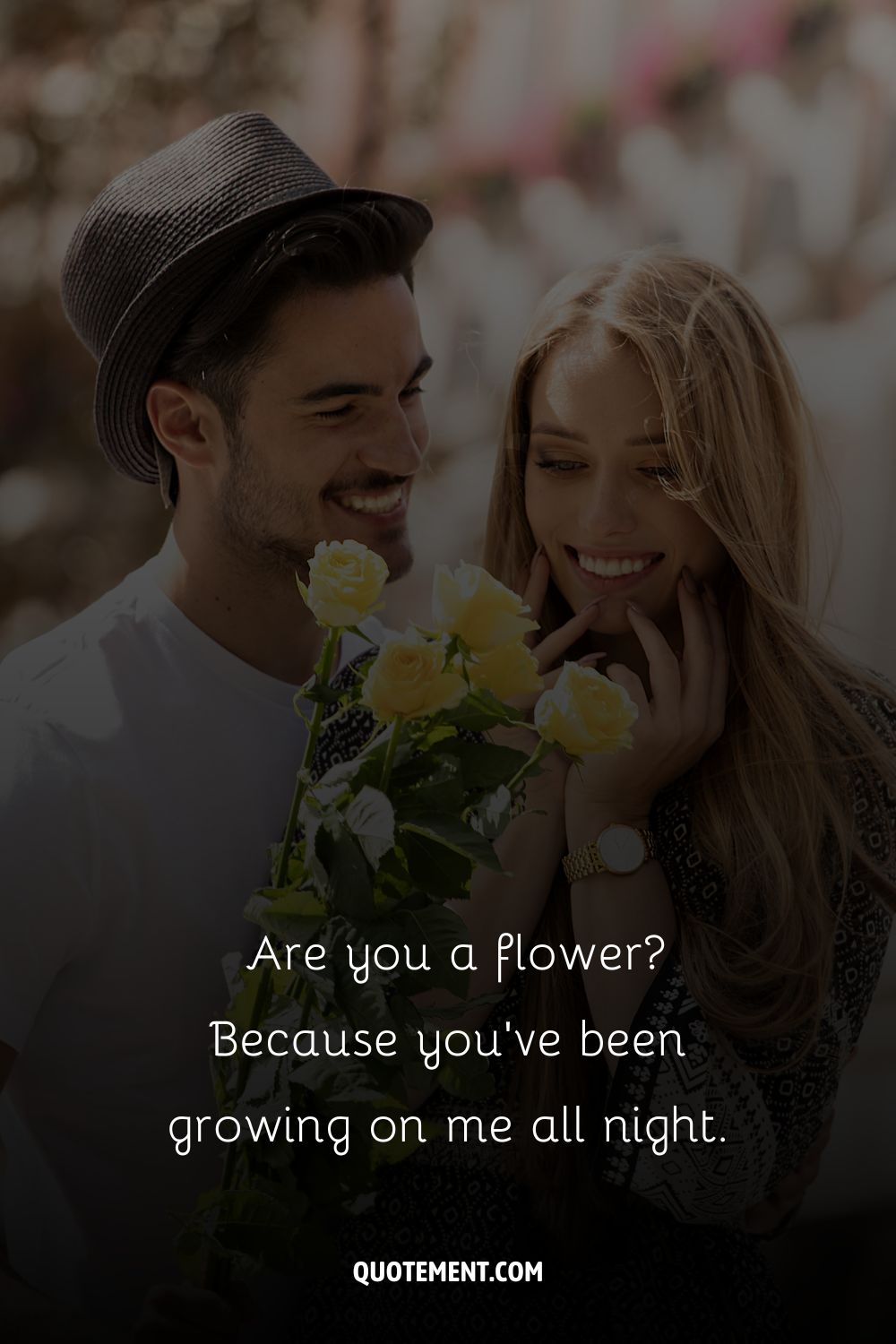 a girl smiling besides her boyfriend representing flower pickup line