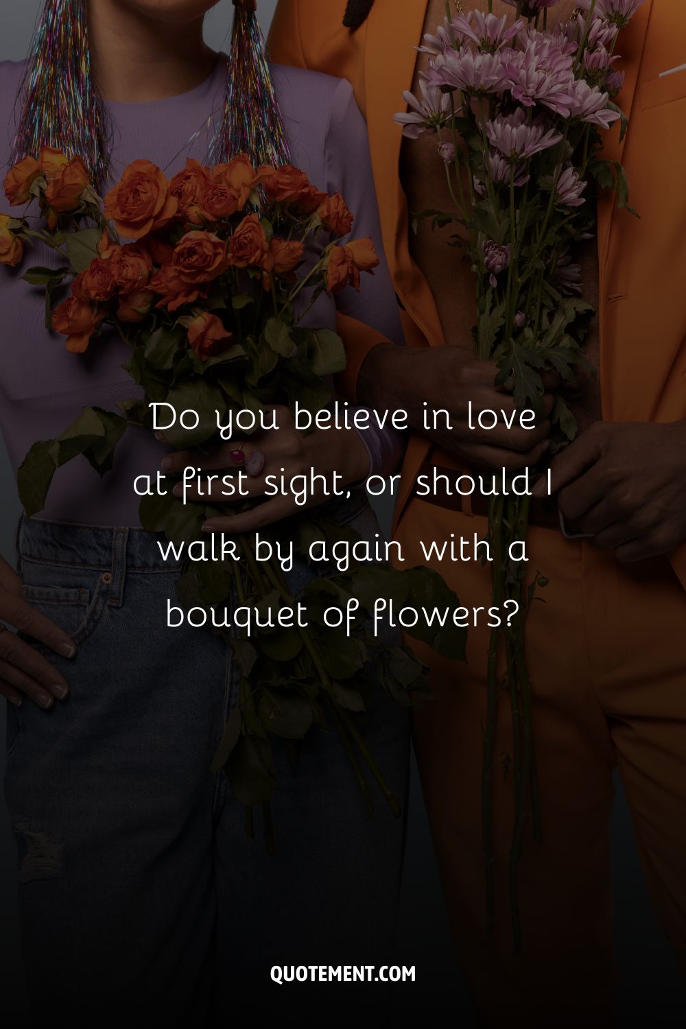 two cheerful people holding bouquets representing pick up line with flowers