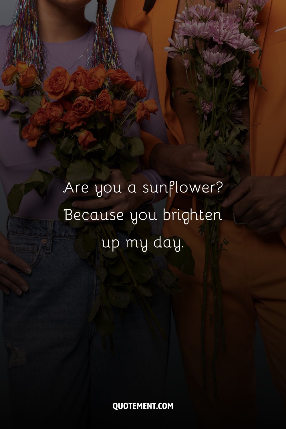 two people holding colourful flowers representing flower pick up line