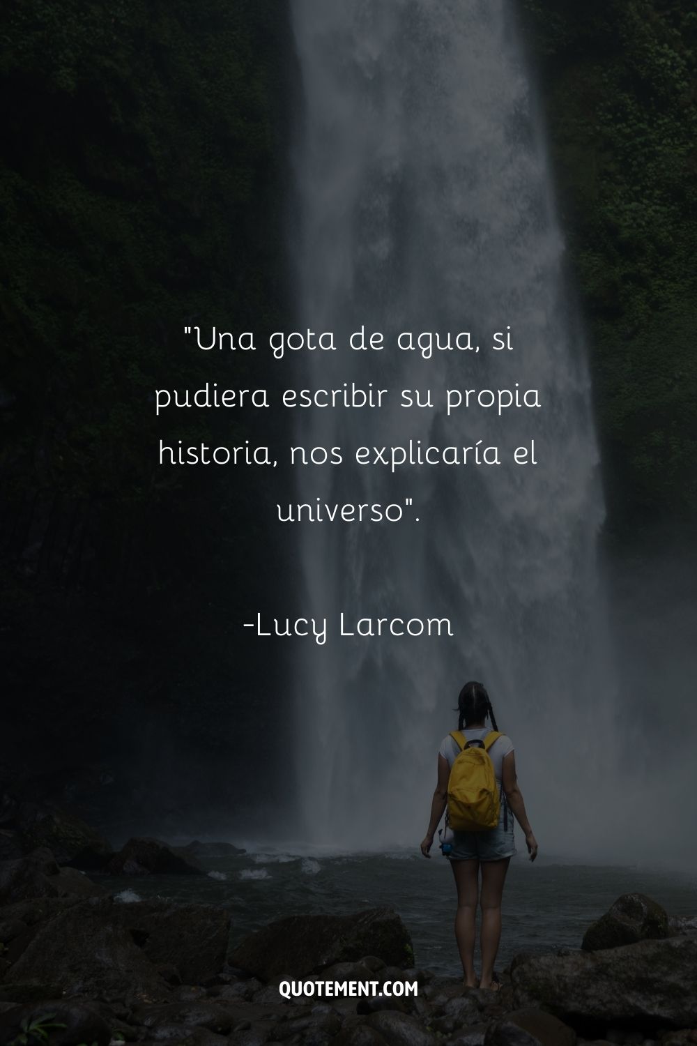 Lucy Larcom sobre una gota de agua y una mujer junto a la cascada al fondo, también