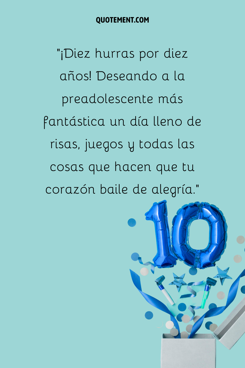 Un globo azul con el número 10 y decoración de fiesta saliendo de una caja blanca que representa un increíble deseo de feliz 10º cumpleaños
