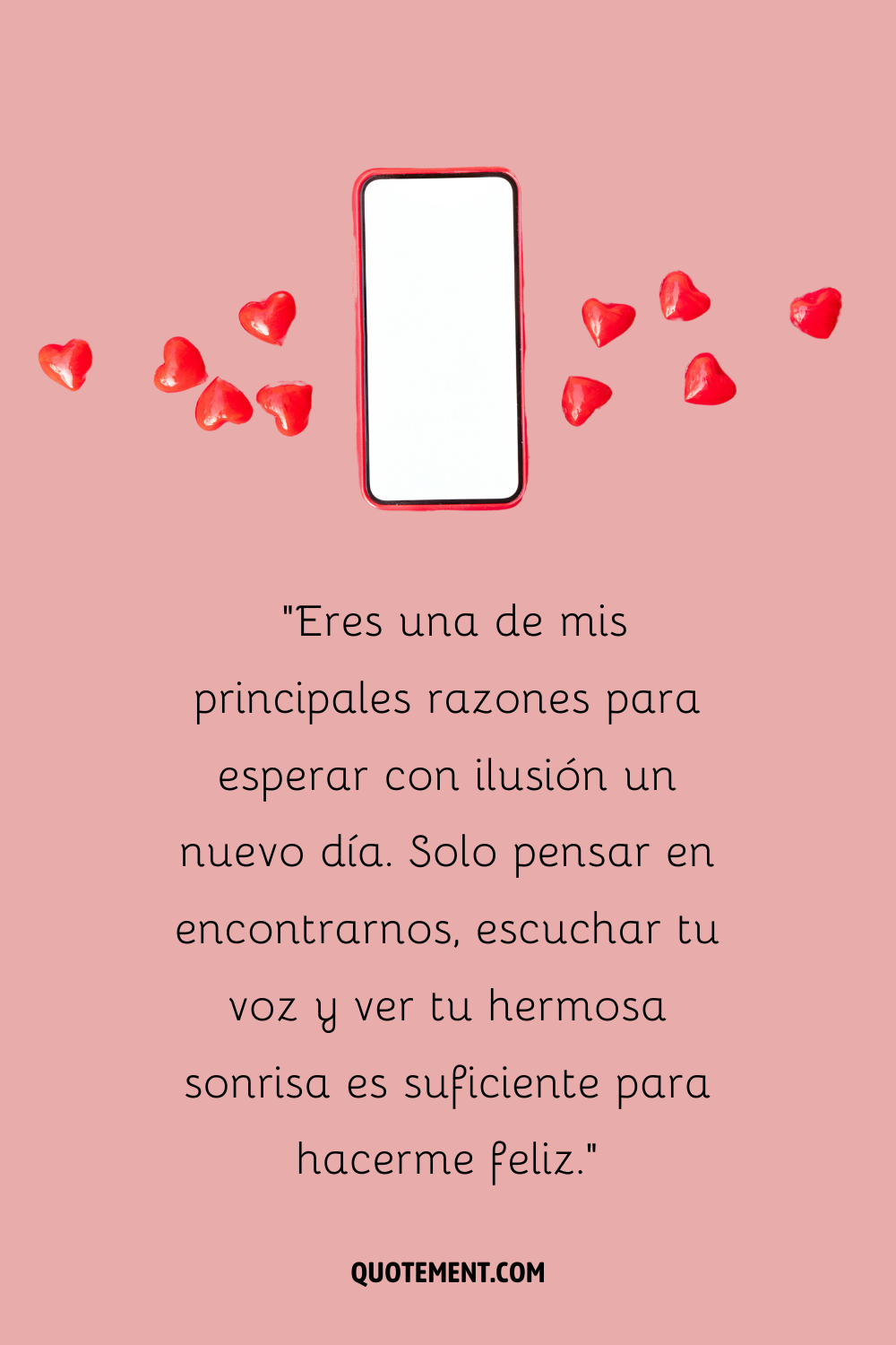 Un smartphone rodeado de confeti de corazón rojo que representa el párrafo perfecto para enviar a tu enamorado